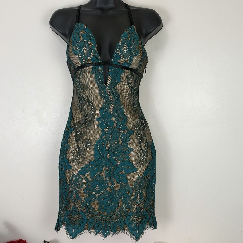 bebe Lace Mini Dress Sz 2 Teal Black Nude Floral Y2K Lingerie Romantic Coquette - Picture 2 of 12